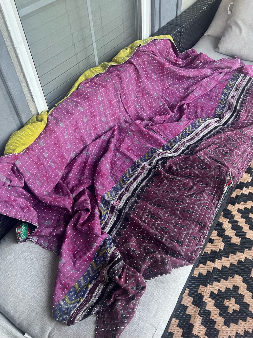 Vibrant Purple Patchwork Kantha Twin size Blanket with Chartreuse Trim